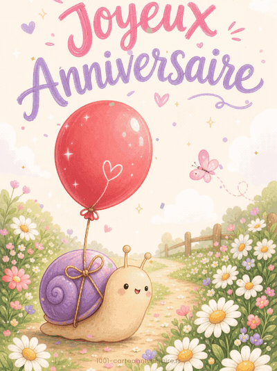 GIF animé : Carte anniversaire enfant animée : l'escargot au ballon rouge