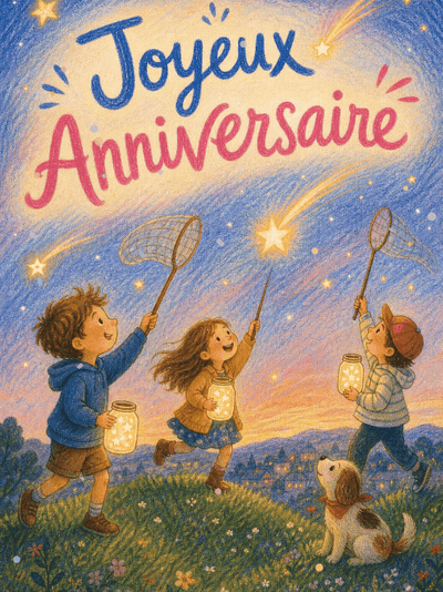 GIF animé : Carte anniversaire enfant animée : la nuit des étoiles filantes