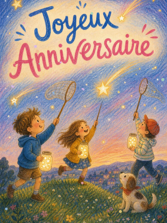 Image JPG : Carte anniversaire enfant animée : la nuit des étoiles filantes
