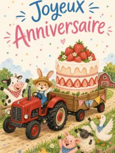 Carte anniversaire enfant animée : tracteur livreur de gâteau