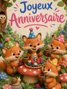 Carte anniversaire enfant : la fête des renardeaux en forêt