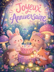 Carte anniversaire enfant animée : forêt enchantée aux mille lucioles