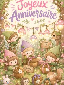 Carte anniversaire enfant : les lutins préparent la surprise