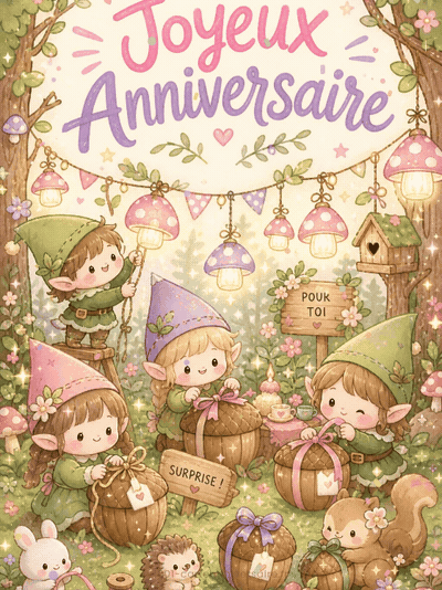 GIF animé : Carte anniversaire enfant animée : les lutins préparent la surprise