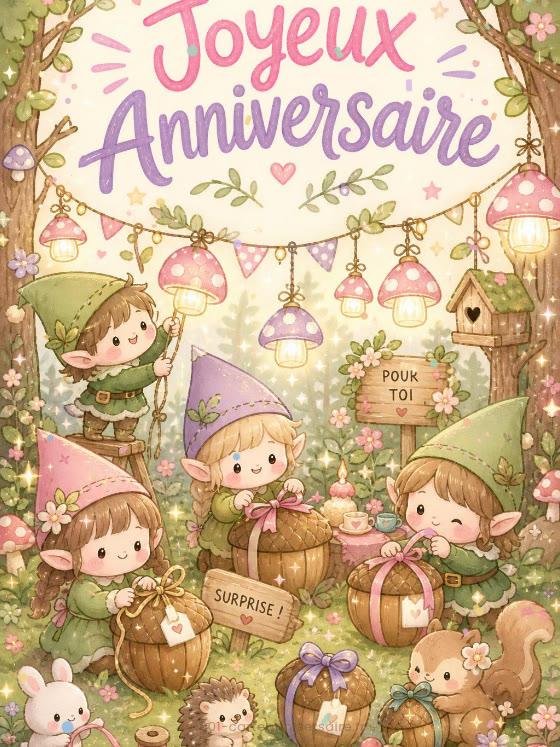 Image JPG : Carte anniversaire enfant animée : les lutins préparent la surprise