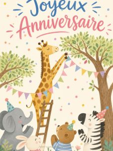Carte anniversaire enfant animée : la girafe aux guirlandes