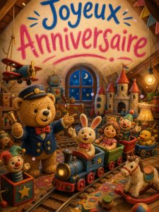 Carte anniversaire enfant animée : grenier magique aux jouets anciens