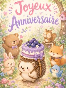Carte anniversaire enfant animée : hérisson et son gâteau aux myrtilles