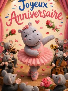 Carte anniversaire enfant : hippo ballerine entre en scène