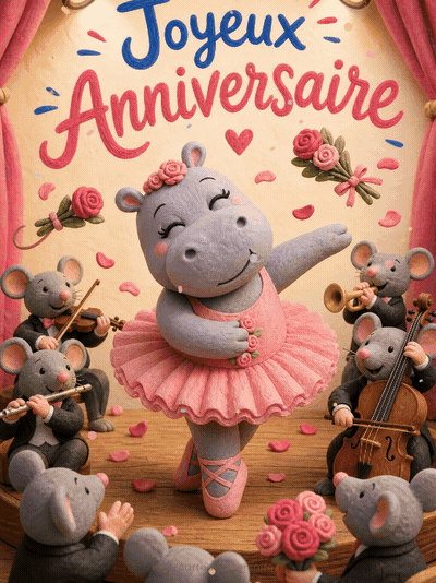 GIF animé : Carte anniversaire enfant animée : hippo ballerine entre en scène
