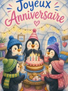 Carte anniversaire enfant animée : goûter d'anniversaire dans l'igloo