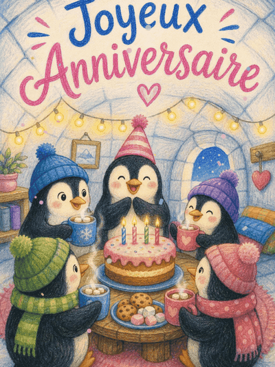 GIF animé : Carte anniversaire enfant animée : goûter d'anniversaire dans l'igloo