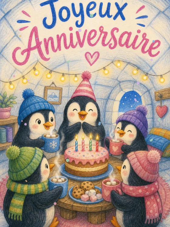 Image JPG : Carte anniversaire enfant animée : goûter d'anniversaire dans l'igloo