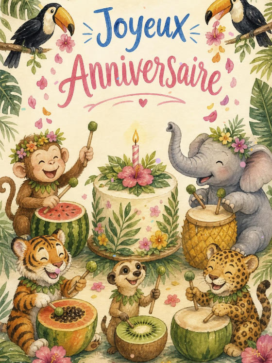 Image JPG : Carte anniversaire enfant animée : tam-tam de fête dans la jungle
