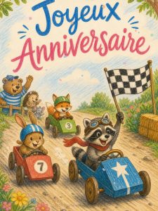 Carte anniversaire enfant animée : course de caisses à savon