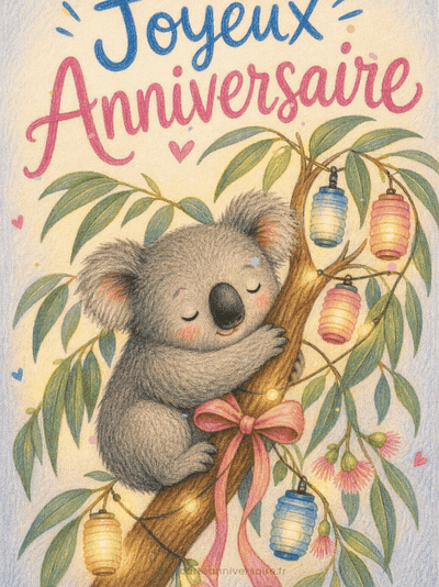 GIF animé : Carte anniversaire enfant animée : le koala perché de la fête