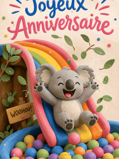 GIF animé : Carte anniversaire enfant animée : koala rieur sur le toboggan