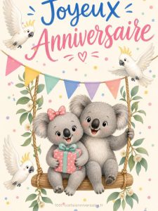 Carte anniversaire enfant animée : koalas joueurs de la balançoire