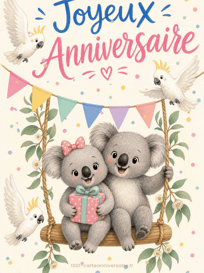 GIF animé : Carte anniversaire enfant animée : koalas joueurs de la balançoire