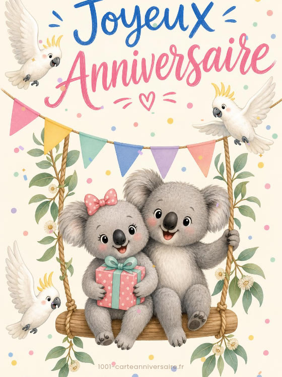 Image JPG : Carte anniversaire enfant animée : koalas joueurs de la balançoire