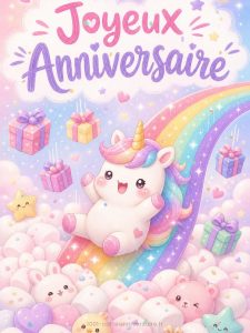 Carte anniversaire enfant animée : licorne au bout de l'arc-en-ciel