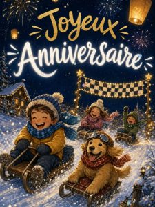 Carte anniversaire enfant animée : la descente en luge des champions