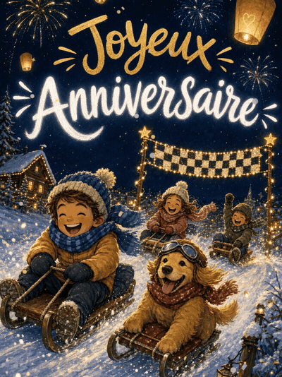 GIF animé : Carte anniversaire enfant animée : la descente en luge des champions
