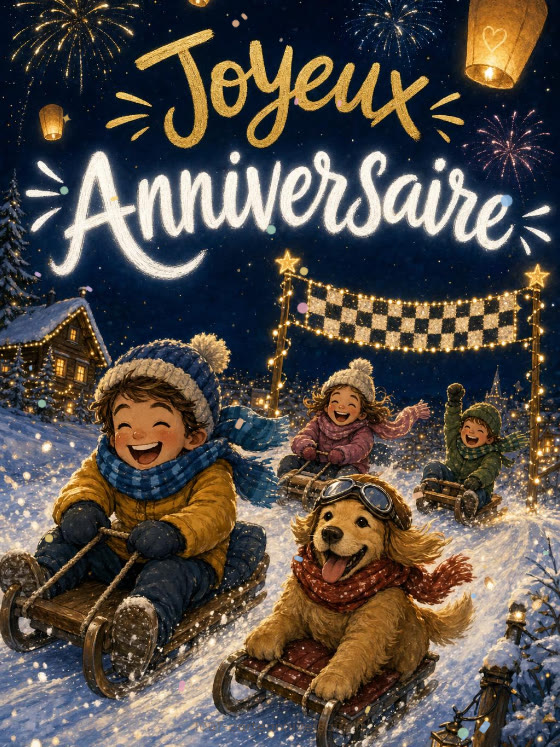 Image JPG : Carte anniversaire enfant animée : la descente en luge des champions