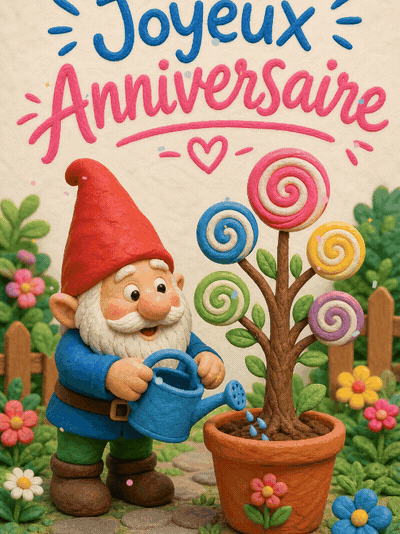 GIF animé : Carte anniversaire enfant animée : le lutin farceur du jardin