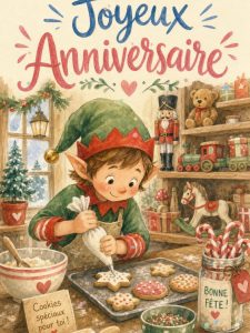 Carte anniversaire enfant animée : lutin pâtissier du Père Noël