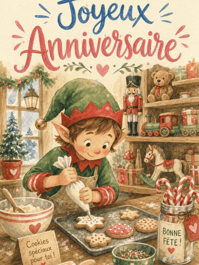 GIF animé : Carte anniversaire enfant animée : lutin pâtissier du Père Noël