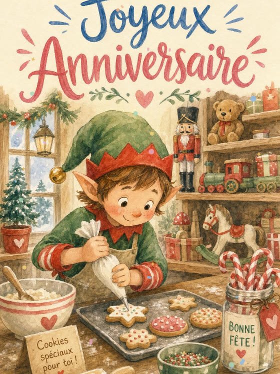 Image JPG : Carte anniversaire enfant animée : lutin pâtissier du Père Noël