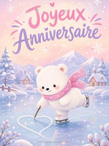 Carte anniversaire enfant animée : ourson polaire fait du patin