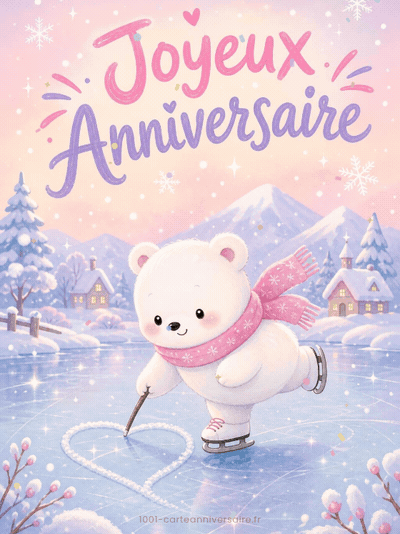 GIF animé : Carte anniversaire enfant animée : ourson polaire fait du patin