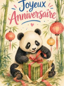 Carte anniversaire enfant animée : panda et cadeau en bambou