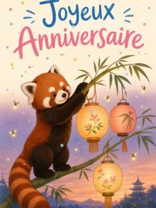 Carte anniversaire enfant animée : le panda roux et ses lampions