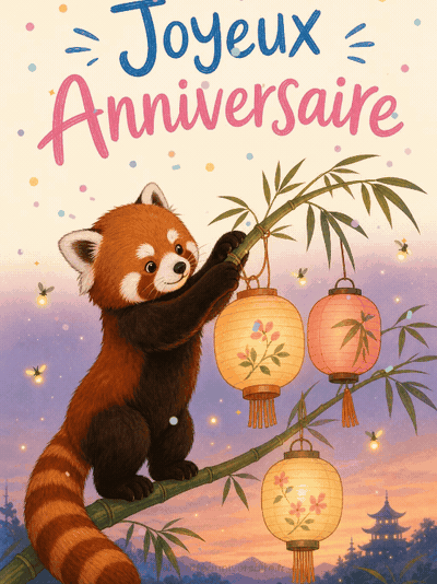 GIF animé : Carte anniversaire enfant animée : le panda roux et ses lampions