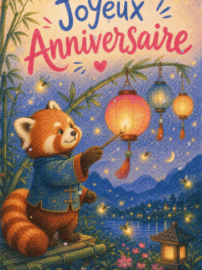 GIF animé : Carte anniversaire enfant animée : panda roux et la fête des lampions