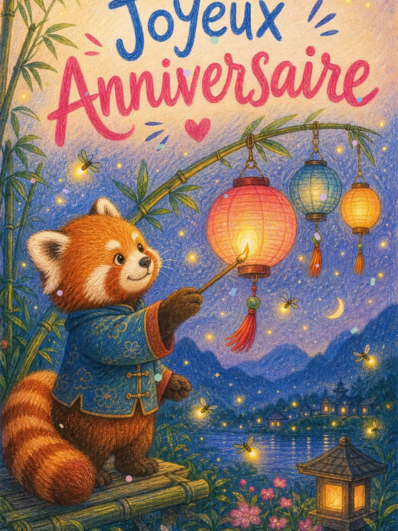Image JPG : Carte anniversaire enfant animée : panda roux et la fête des lampions