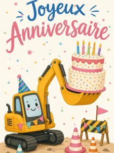 Carte anniversaire enfant animée : la pelleteuse du chantier en fête