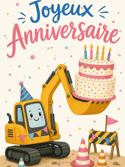 GIF animé : Carte anniversaire enfant animée : la pelleteuse du chantier en fête