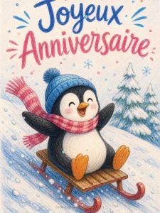 Carte anniversaire enfant animée : le pingouin champion de luge