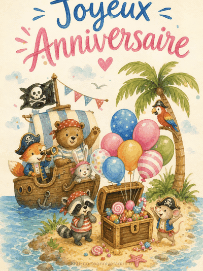 GIF animé : Carte anniversaire enfant animée : chasse au trésor de l'île