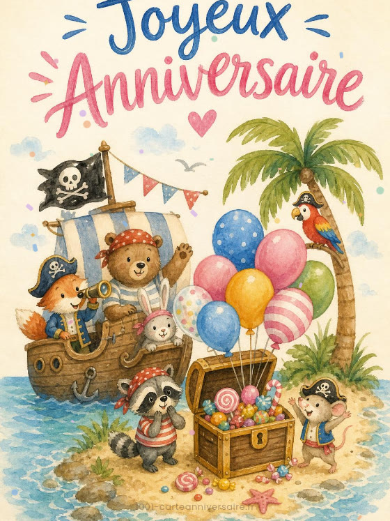 Image JPG : Carte anniversaire enfant animée : chasse au trésor de l'île