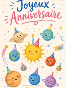 Carte anniversaire enfant animée : les planètes du système en fête