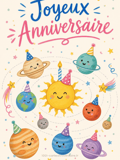GIF animé : Carte anniversaire enfant animée : les planètes du système en fête