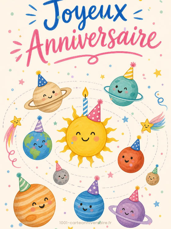 Image JPG : Carte anniversaire enfant animée : les planètes du système en fête