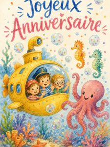 Carte anniversaire enfant animée : expédition sous-marine des curieux