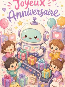 Carte anniversaire enfant animée : robot distributeur de cadeaux