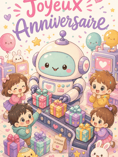 GIF animé : Carte anniversaire enfant animée : robot distributeur de cadeaux